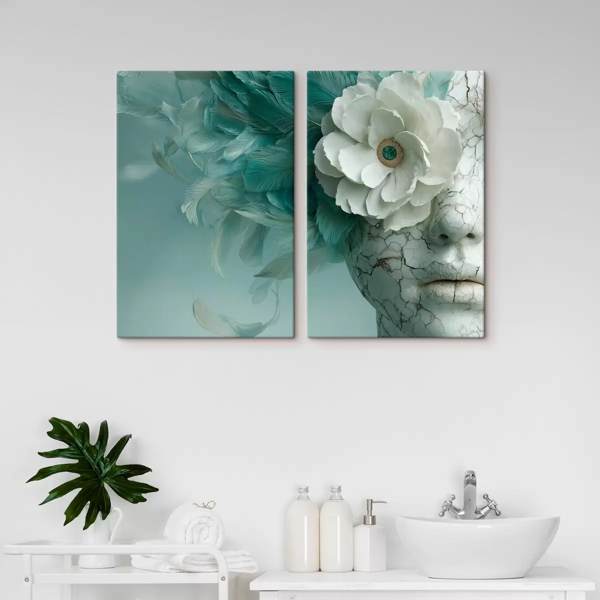 Glezna marmora meitenes seja ar ziedu un spalvām m00699