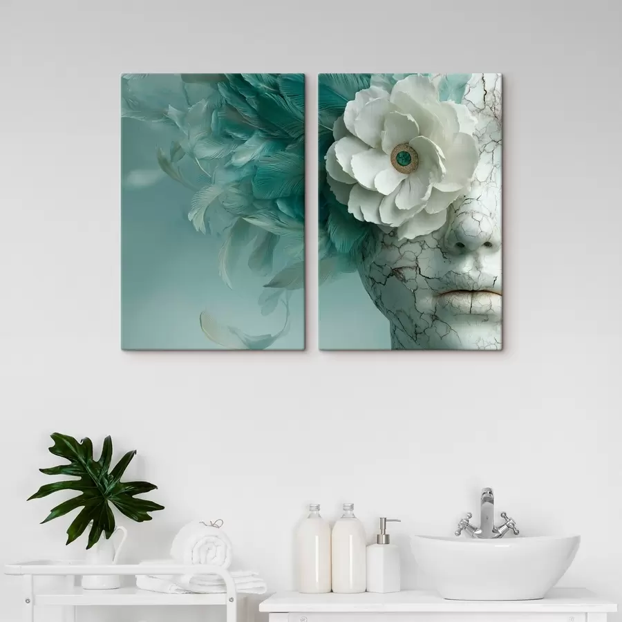 Glezna marmora meitenes seja ar ziedu un spalvām m00699