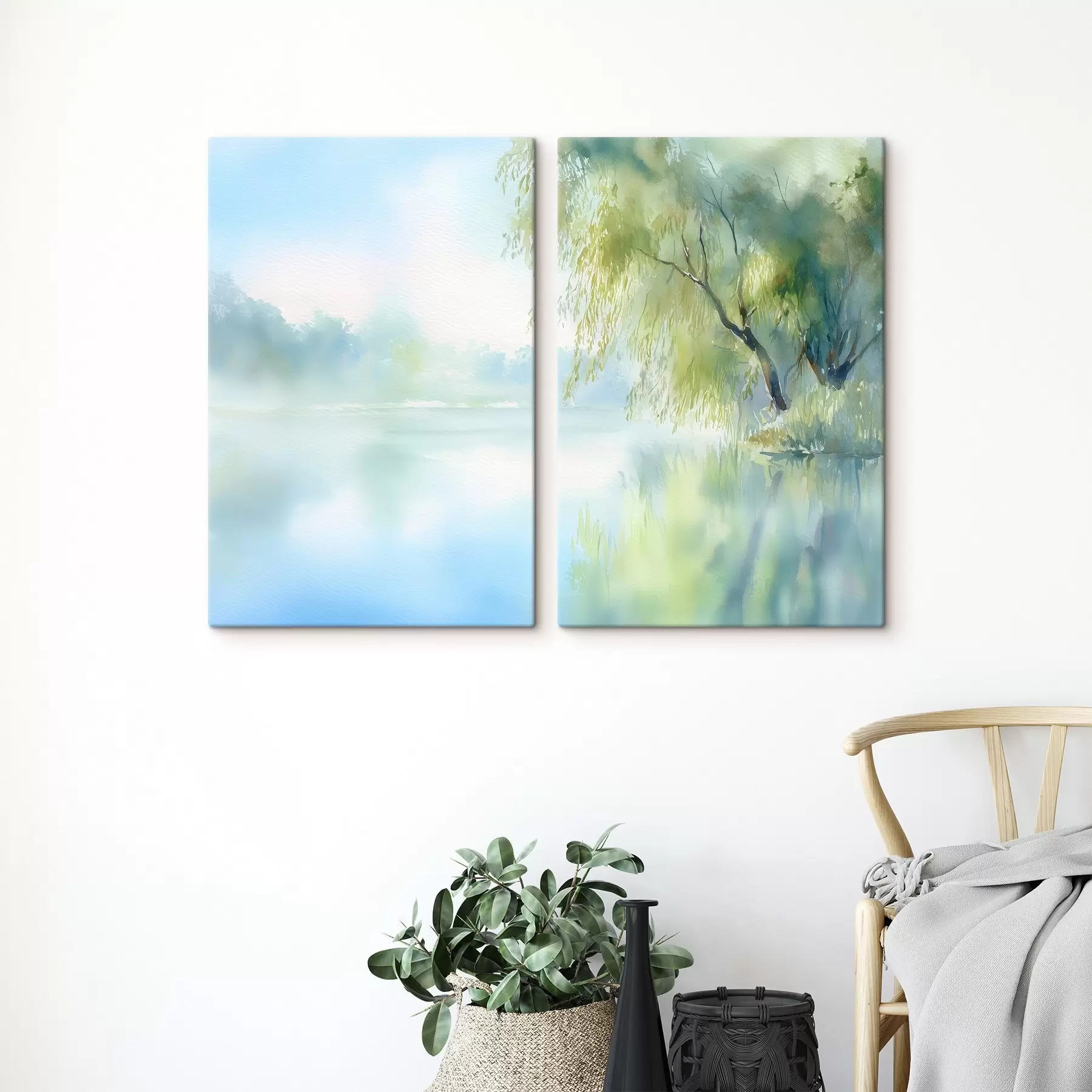 Glezna vītols ezera krastā akvareļa stilā m00702