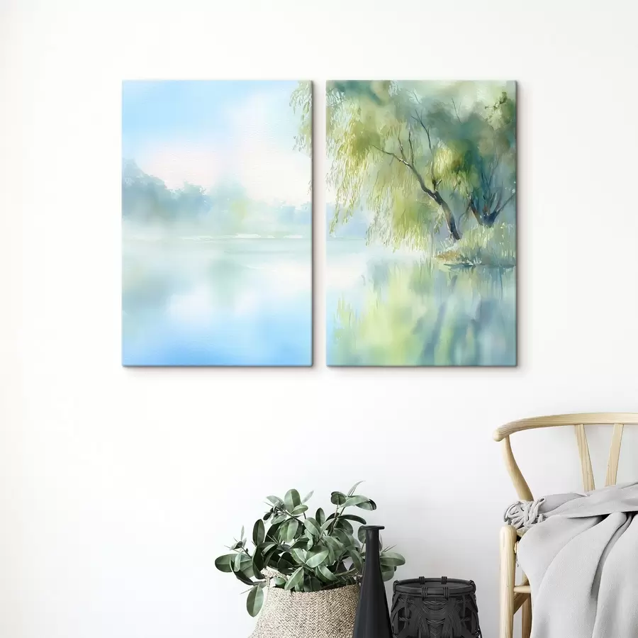 Glezna vītols ezera krastā akvareļa stilā m00702