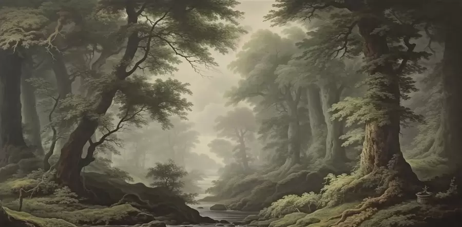 Fototapetes Miglas apklāts mežs ar upi un augstiem seniem kokiem w04555