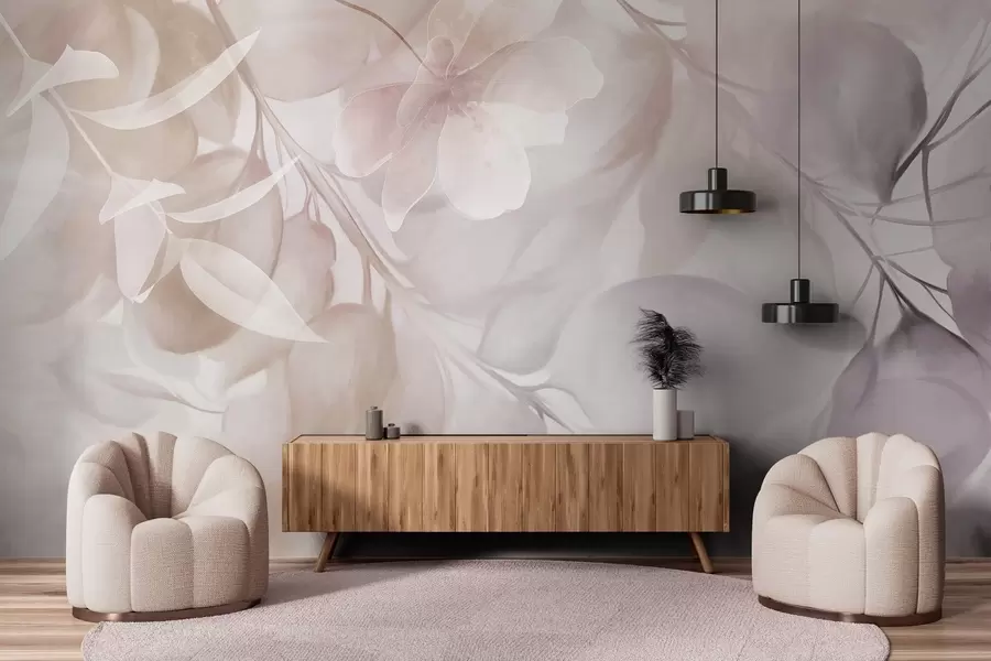 Fototapetes Ziedu māksla ar klusinātiem smilškrāsas un brūniem ziediem, lapām un zariem, maigām pasteļtoņos krāsām, akvareļa tekstūras efektu w09397