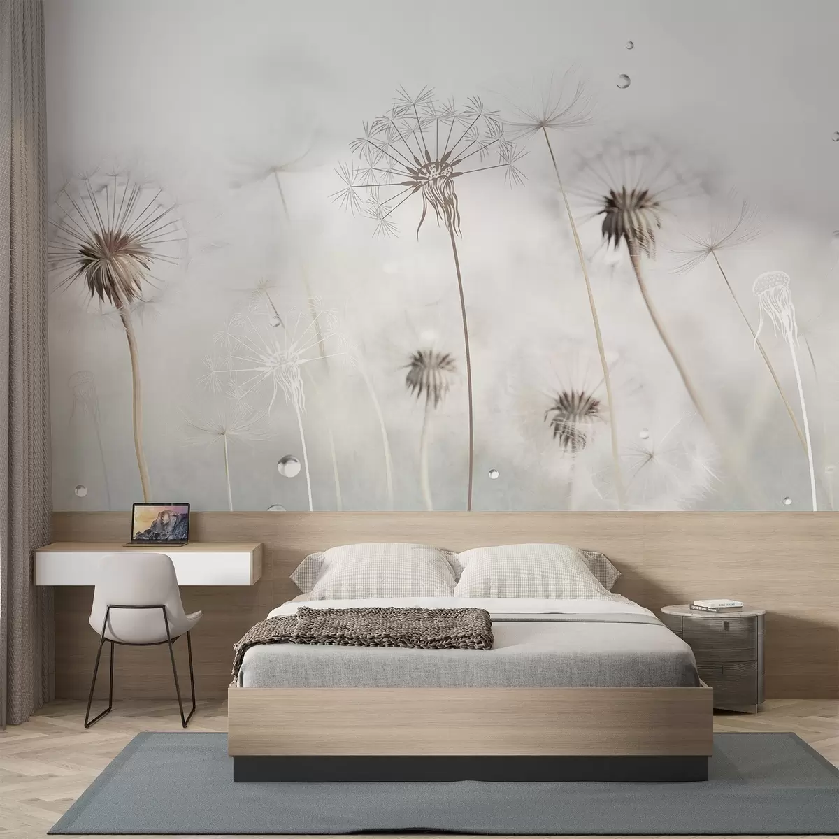 Fototapetes Pienene ar ūdens pilieniem, balts fons, tuvu uzņemts, maiga gaisma, daba, botānika, ēterisks, delikāts, minimālisma stils w09399