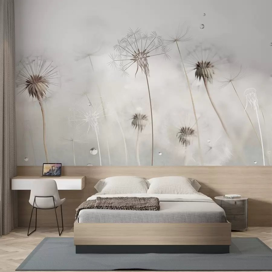 Fototapetes Pienene ar ūdens pilieniem, balts fons, tuvu uzņemts, maiga gaisma, daba, botānika, ēterisks, delikāts, minimālisma stils w09399