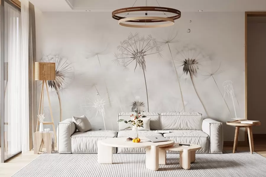 Fototapetes Pienene ar ūdens pilieniem, balts fons, tuvu uzņemts, maiga gaisma, daba, botānika, ēterisks, delikāts, minimālisma stils w09399