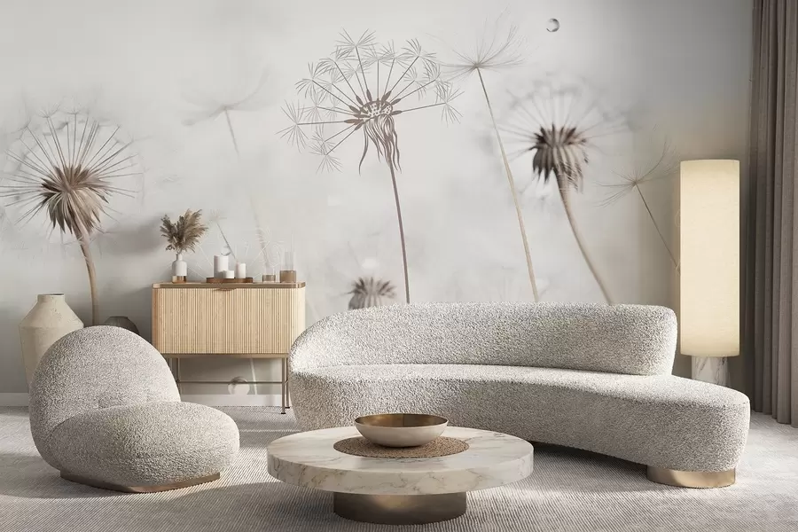 Fototapetes Pienene ar ūdens pilieniem, balts fons, tuvu uzņemts, maiga gaisma, daba, botānika, ēterisks, delikāts, minimālisma stils w09399