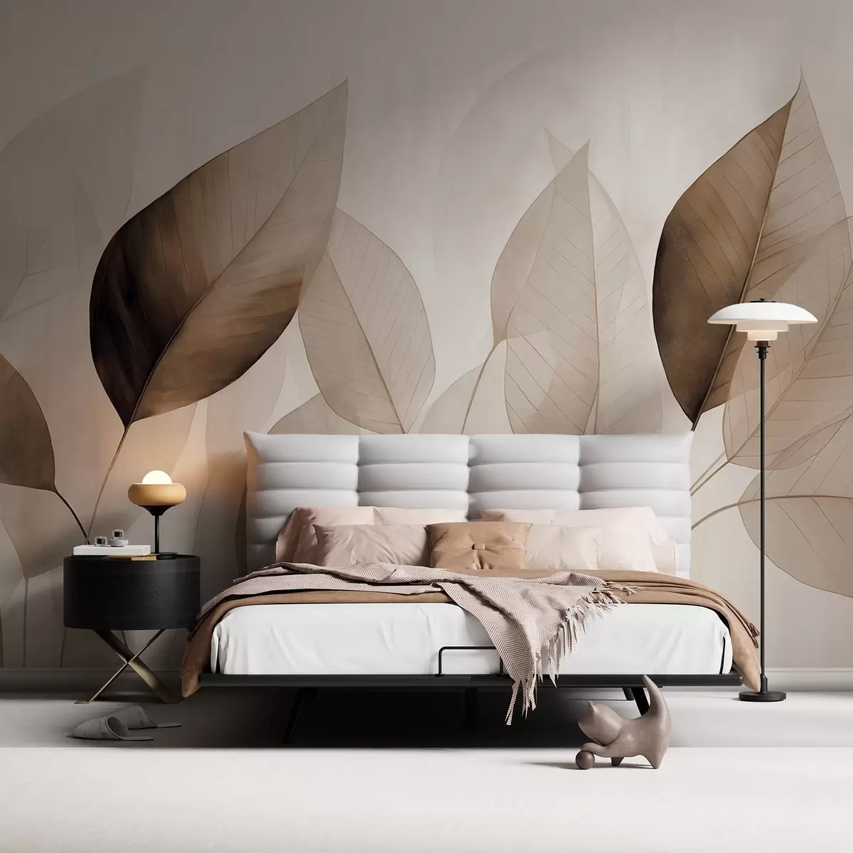 Fototapetes Teksturēta glezna, kas imitē lapas brūnos un smilškrāsas toņos ar smalkām vēnām un kātiņiem w09400v1