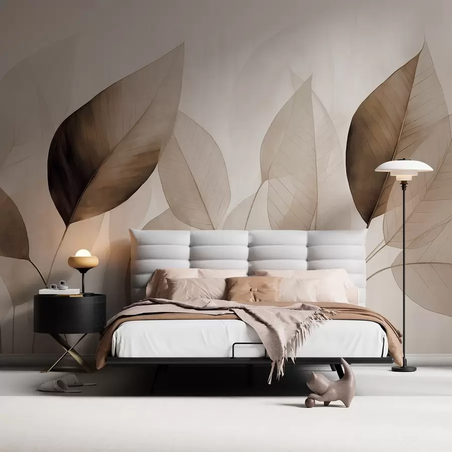 Fototapetes Teksturēta glezna, kas imitē lapas brūnos un smilškrāsas toņos ar smalkām vēnām un kātiņiem w09400v1