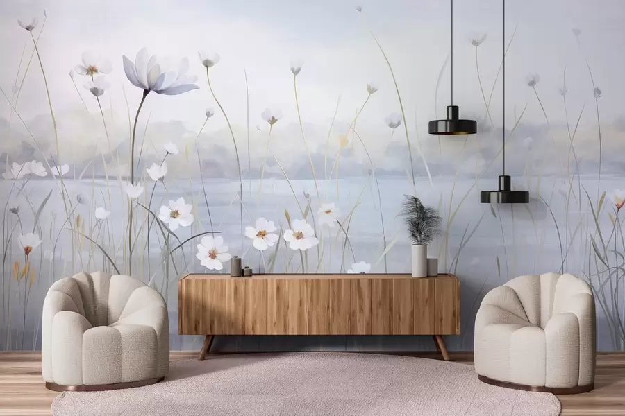 Fototapetes Baltas puķes ar garām kātiņām laukā, gaiši zils debesis, maigas krāsas, faktūru, minimālisma stils, iedvesmojies no dabas, mierīgs fons w09401