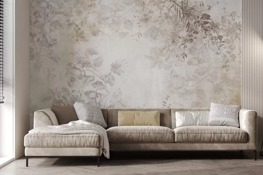 Fototapetes Vintage teksturēta ziedu māksla ar zīmējuma stila delikātu dārza ziedu un lapu ilustrācijām, maigiem pasteļtoņos un sēpijas toņos w09402