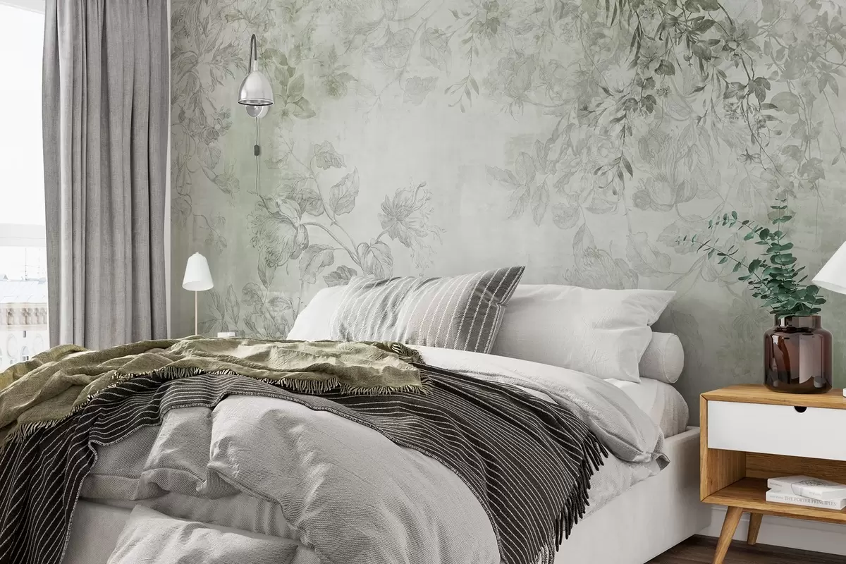 Fototapetes Vintage teksturēta ziedu māksla ar zīmējuma stila delikātu dārza ziedu un lapu ilustrācijām, maigi zaļos toņos w09402v2