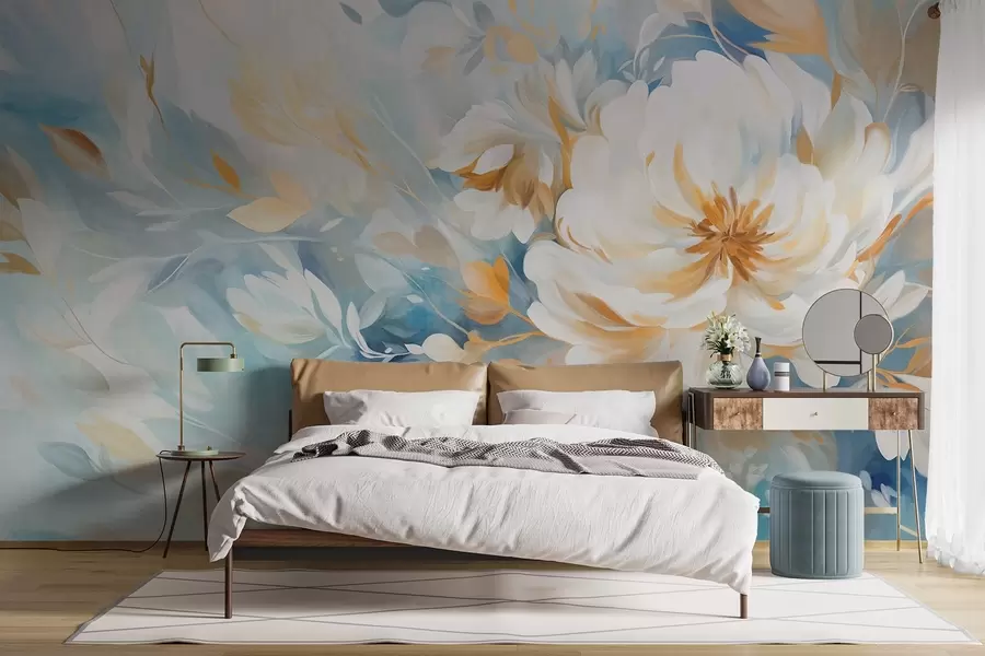 Fototapetes Teksturēts balts zieds ar ziliem un dzelteniem akcentiem un lapām uz zila un balta abstrakta fona, glezniecības stils w09403