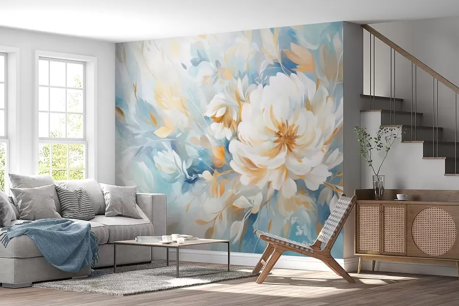 Fototapetes Teksturēts balts zieds ar ziliem un dzelteniem akcentiem un lapām uz zila un balta abstrakta fona, glezniecības stils w09403