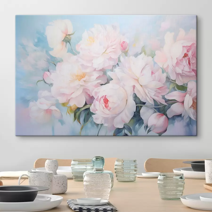 Glezna Maigi rozā peonijas uz debeszilā fona s45813