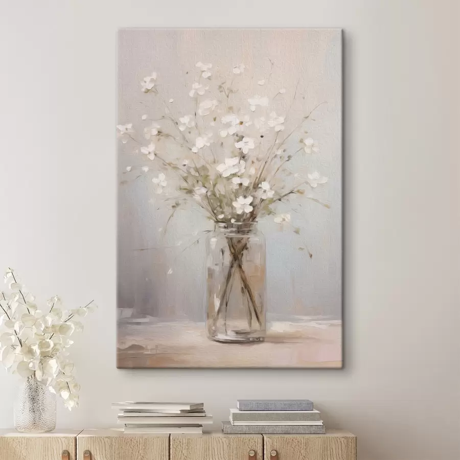 Glezna Baltu ziedu pušķis caurspīdīgā stikla vāzē s45814