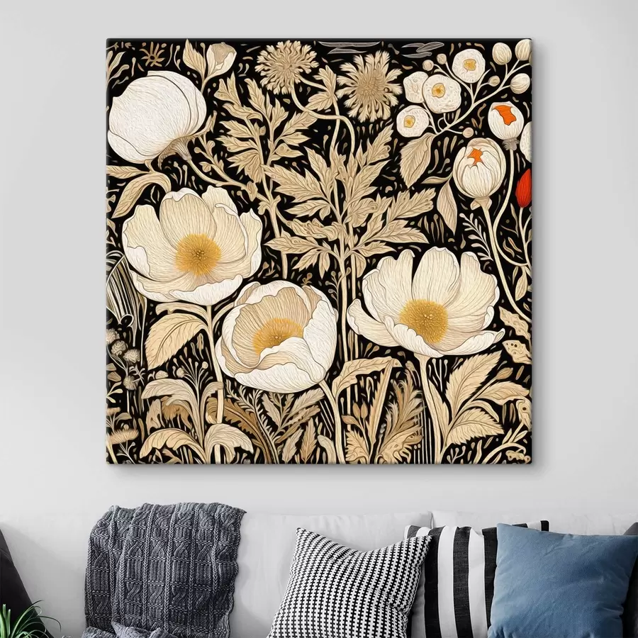 Glezna Krēmkrāsas ziedi un zāle uz melna fona s45816