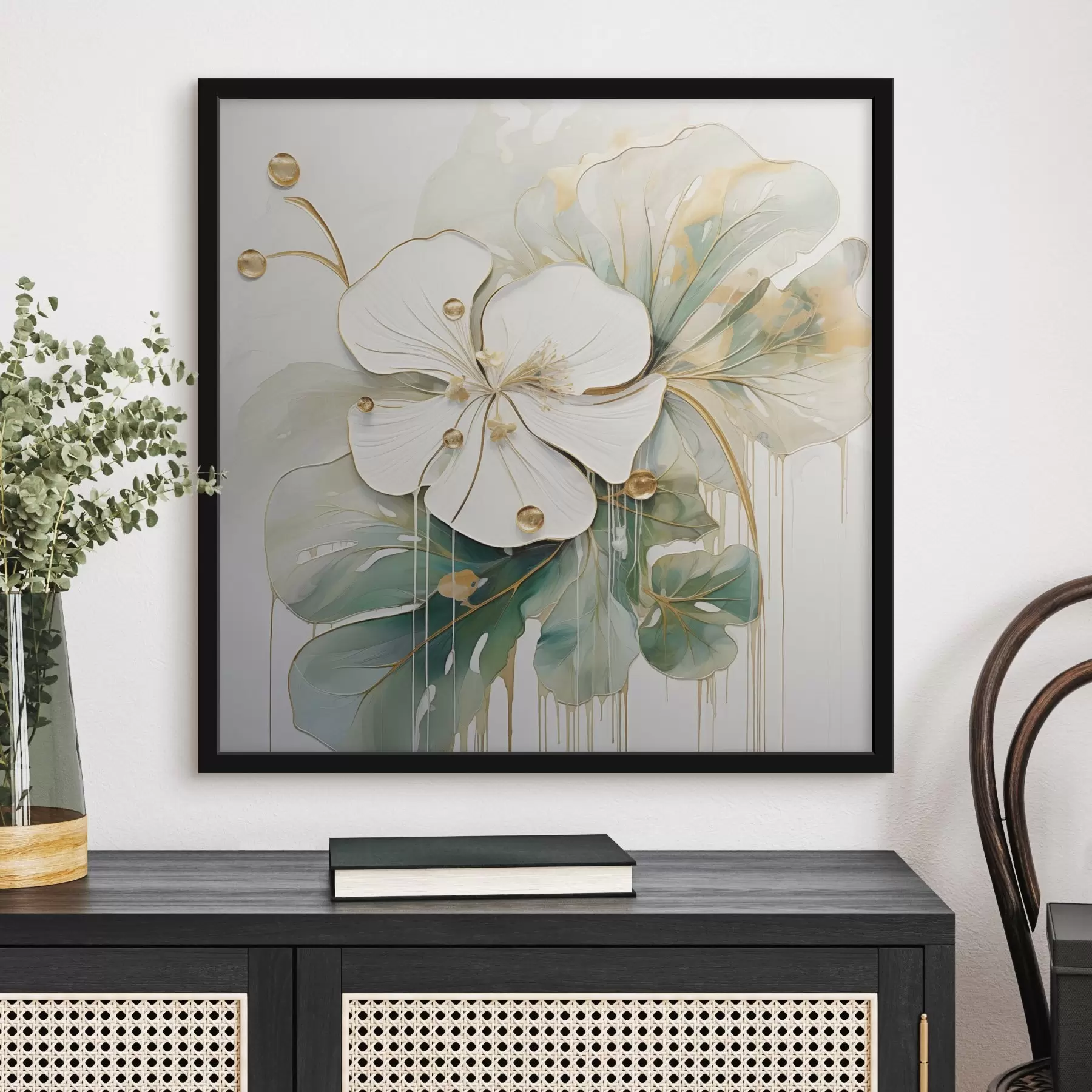 Fototapetes Balts zieds ar dzeltenoranžiem akcentiem un zaļām lapām f45815