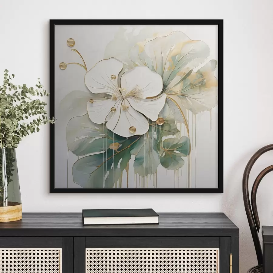 Fototapetes Balts zieds ar dzeltenoranžiem akcentiem un zaļām lapām f45815