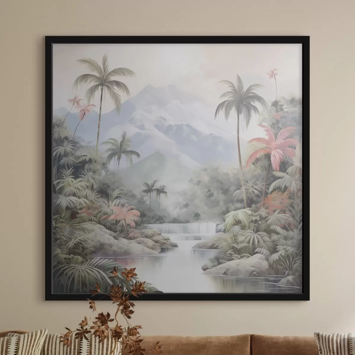 Plakāts Upe tropu mežā kalnu priekšā f45913