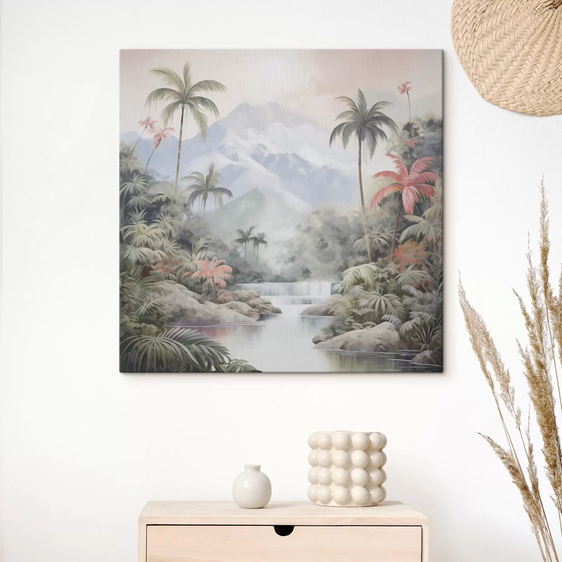 Glezna Upe tropu mežā kalnu priekšā s45913