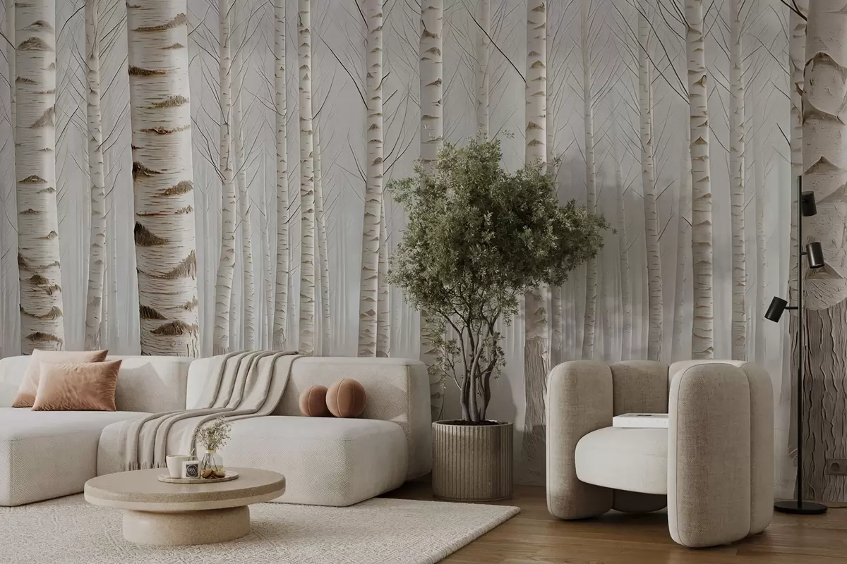 Fototapetes Bērzu mežs miglā, gaismas minimālisms w04574