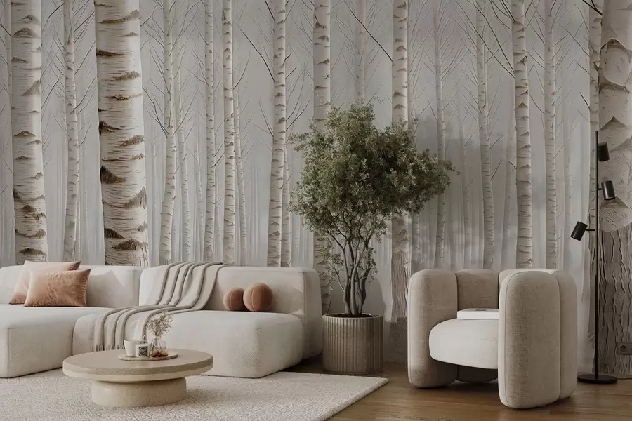 Fototapetes Bērzu mežs miglā, gaismas minimālisms w04574