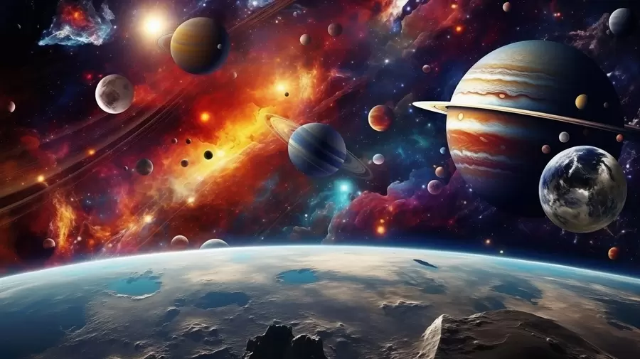 Fototapetes Krāsains kosmos ar planētām un miglājiem w04576