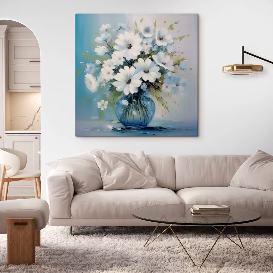 Glezna Margrietiņu pušķis zilā vāzē s45959