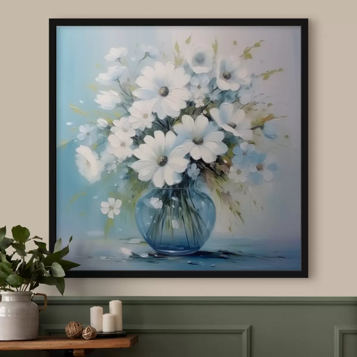 Plakāts Margrietiņu pušķis zilā vāzē f45959