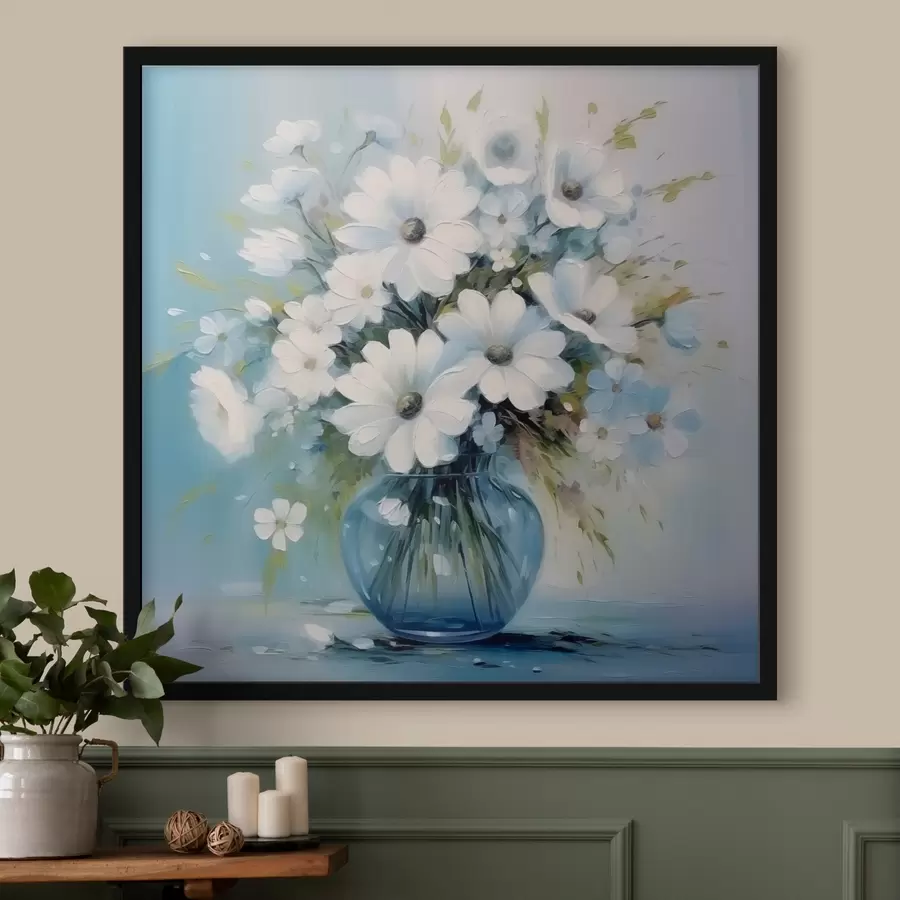 Fototapetes Margrietiņu pušķis zilā vāzē f45959