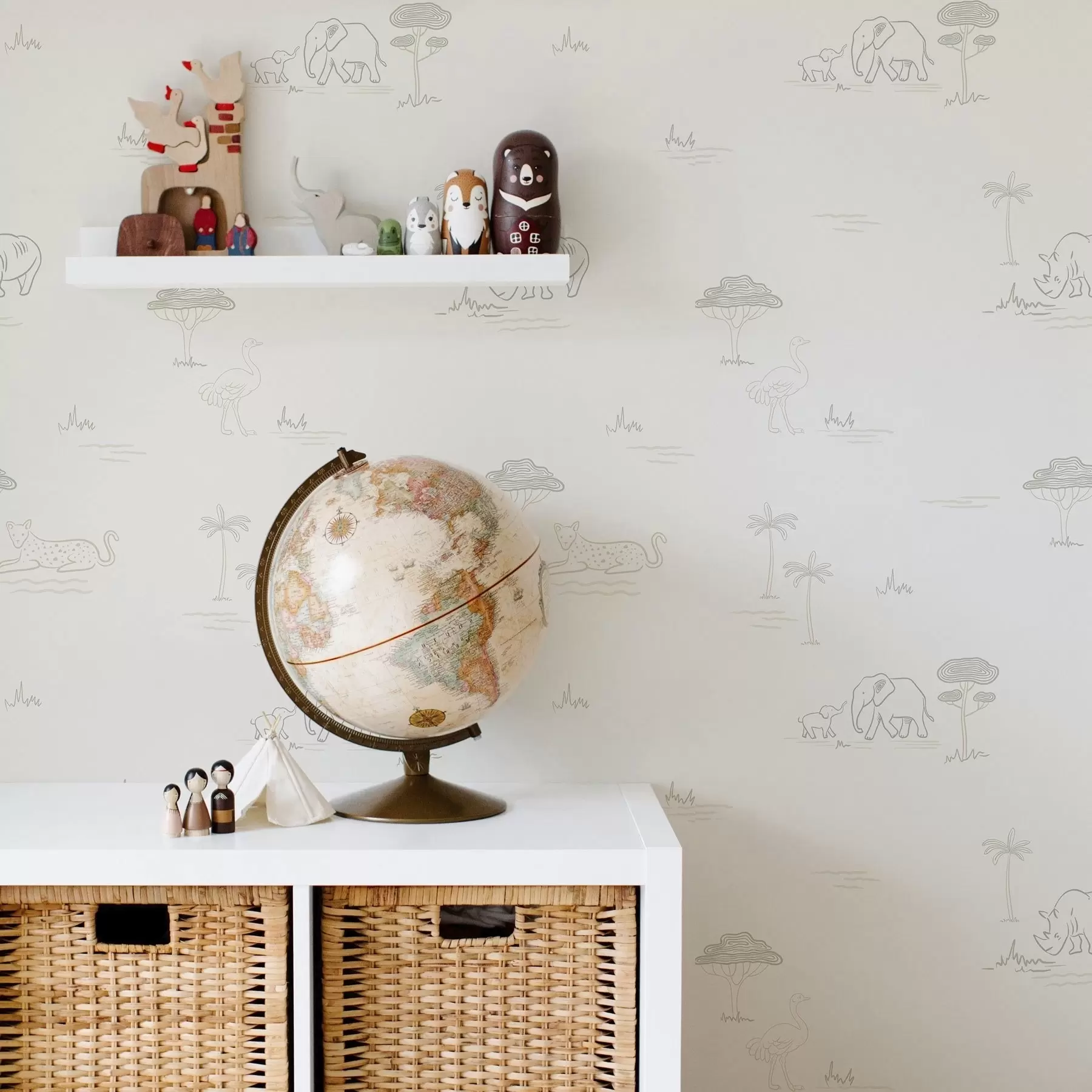 Fototapetes Minimālistisks safaris: ziloņi, degunradži, leopardi un palmas a00492