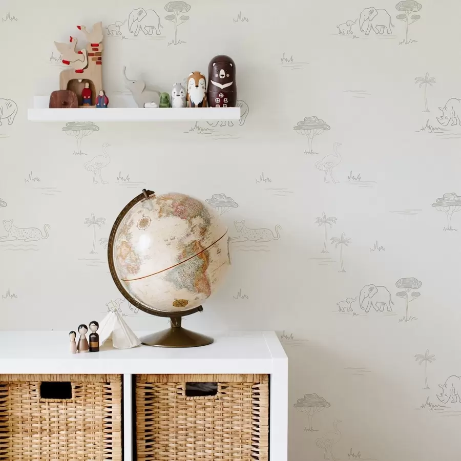 Fototapetes Minimālistisks safaris: ziloņi, degunradži, leopardi un palmas a00492