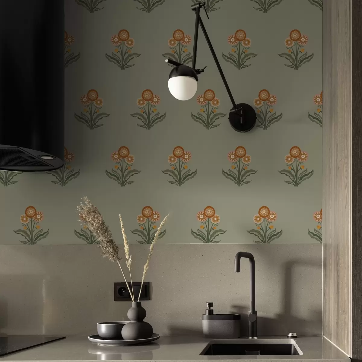 Tapetes Stilizēti ziedi uz olīvu fona, siltos toņos a00494v2