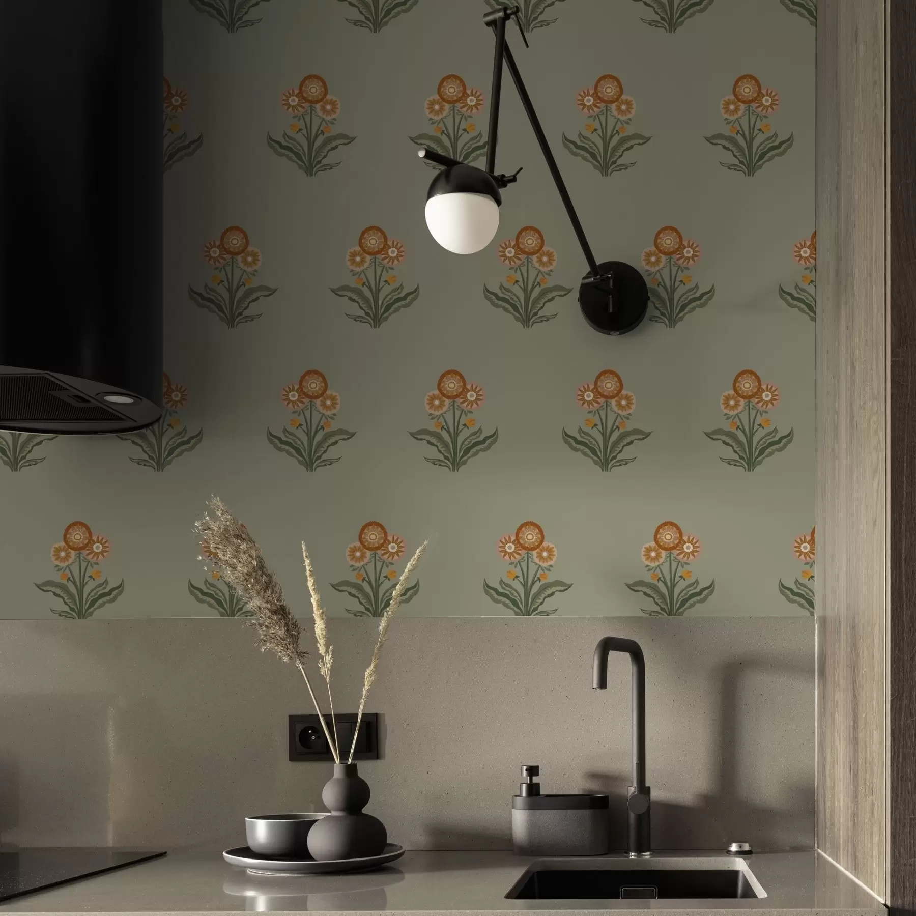 Fototapetes Stilizēti ziedi uz olīvu fona, siltos toņos a00494v2