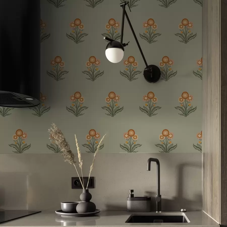 Fototapetes Stilizēti ziedi uz olīvu fona, siltos toņos a00494v2