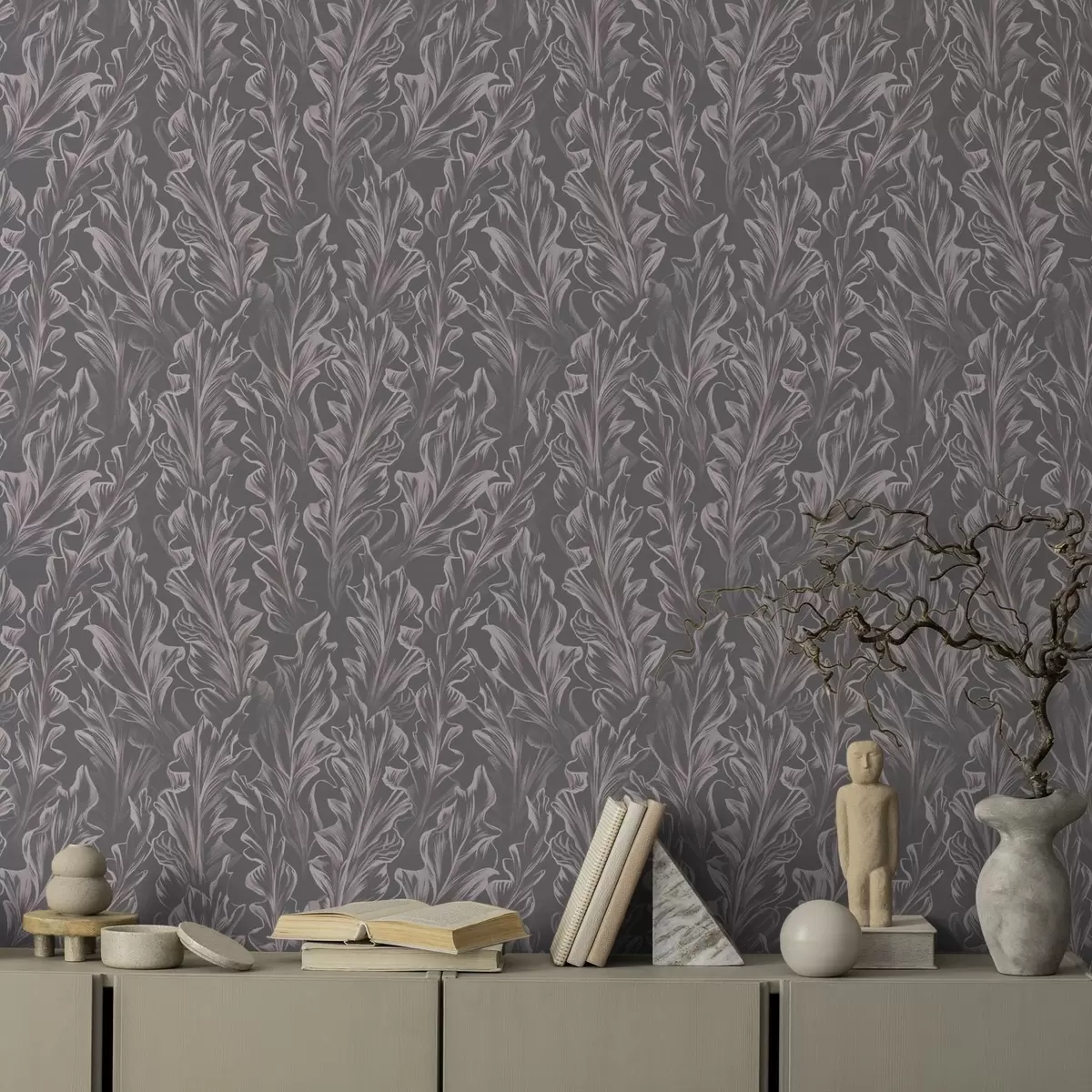 Tapetes Plūstošas lapu viļņi uz grafīta fona, augsts kontrasts a00495v1