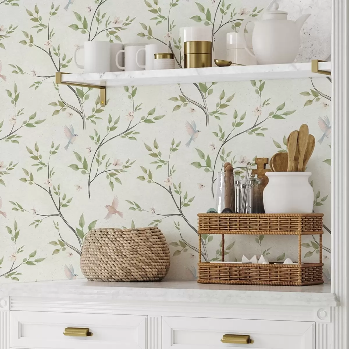 Tapetes Akvareļa zari ar lapām un putniem uz gaiša fona a00496