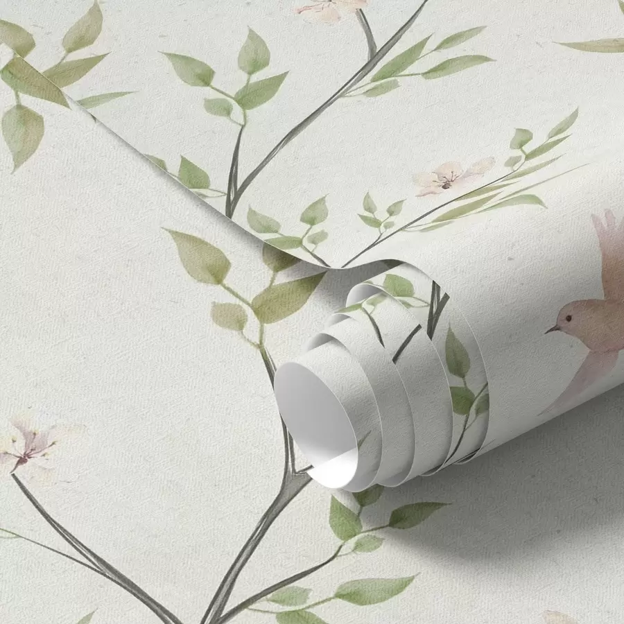 Fototapetes Akvareļa zari ar lapām un putniem uz gaiša fona a00496