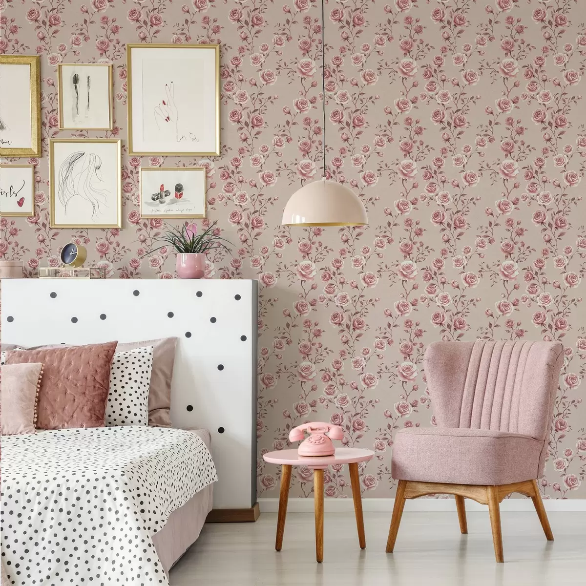 Tapetes Pūderveida rozes uz smilškrāsas fona — vintage raksts a00497