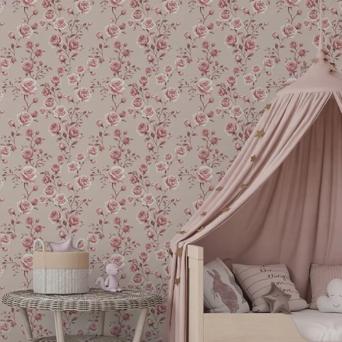 Tapetes Pūderveida rozes uz smilškrāsas fona — vintage raksts a00497