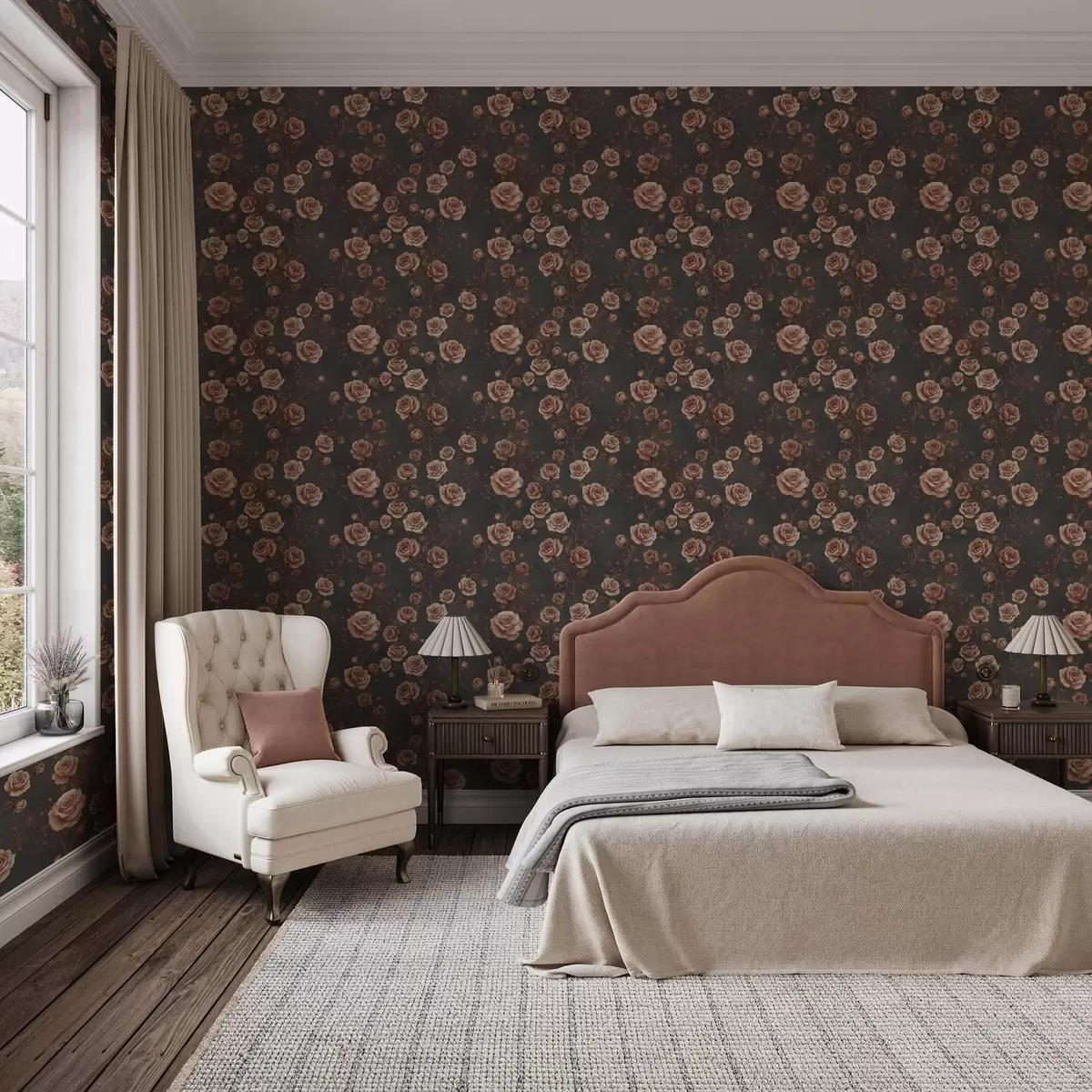 Tapetes Vintage rozes uz grafīta fona, terakotas krāsu gamma a00497v1
