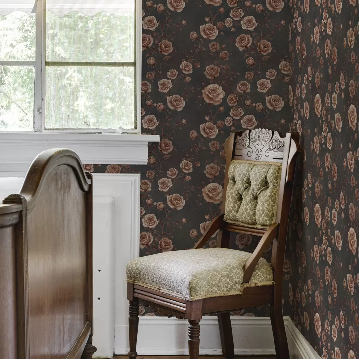 Tapetes Vintage rozes uz grafīta fona, terakotas krāsu gamma a00497v1
