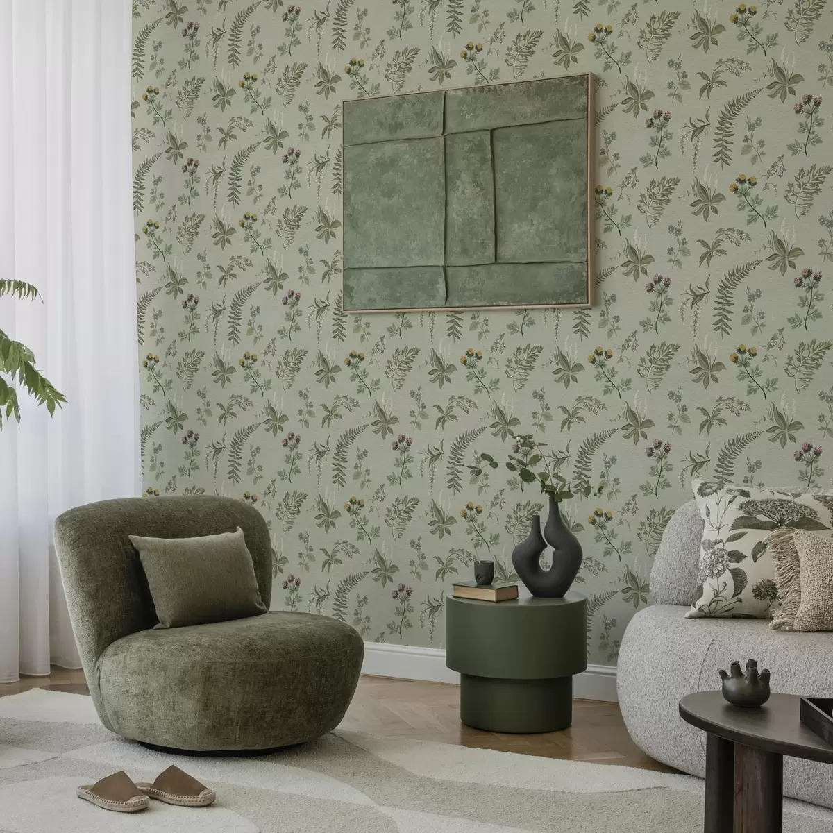 Tapetes Botāniskie zāles un papardes uz gaiši pelēkzaļā fona a00498