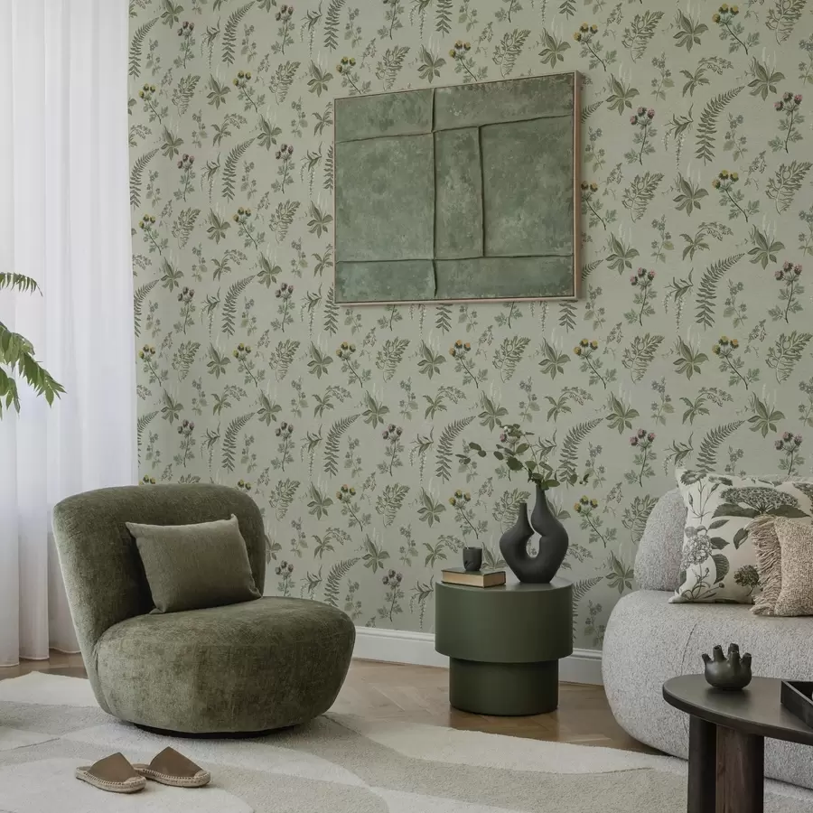 Fototapetes Botāniskie zāles un papardes uz gaiši pelēkzaļā fona a00498