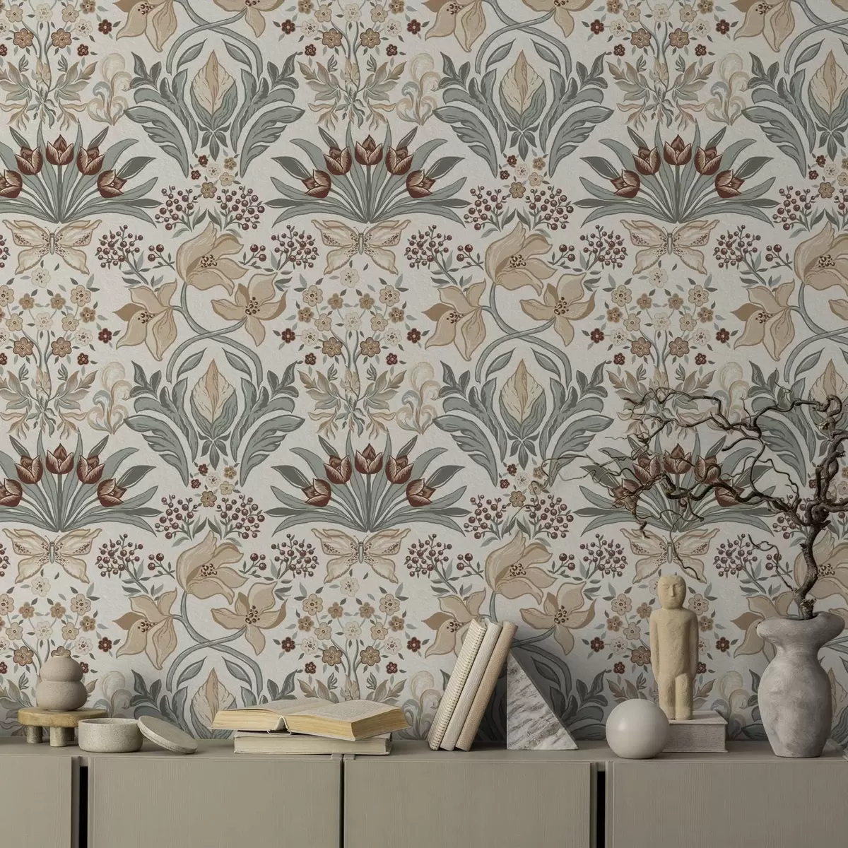 Tapetes Dekoratīvas lilijas un tauriņš uz krēmkrāsas fona a00500