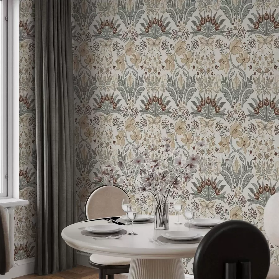 Fototapetes Dekoratīvas lilijas un tauriņš uz krēmkrāsas fona a00500