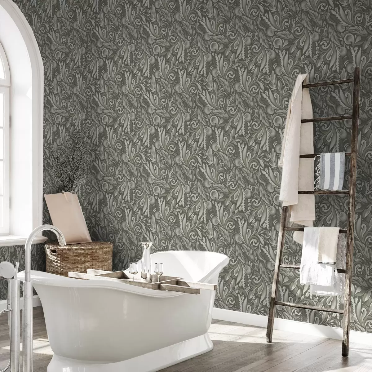 Tapetes Akantu volūtas olīvu-bēša toņu paletē a00501