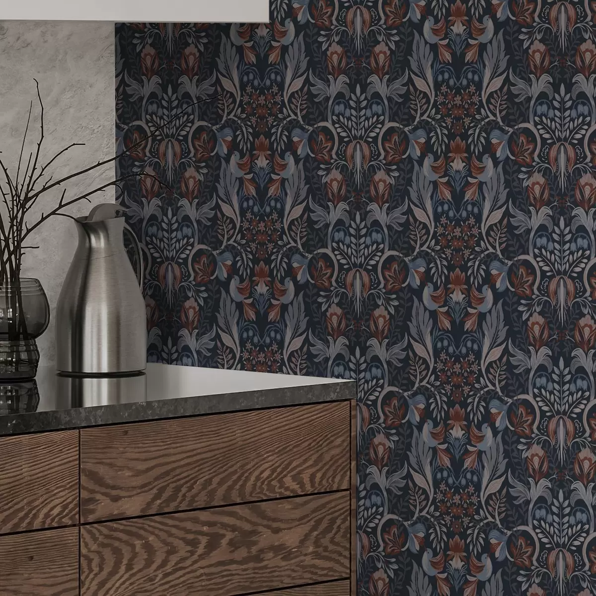 Tapetes Tautas ornamentu ar putniem, tumši indigo a00502v1