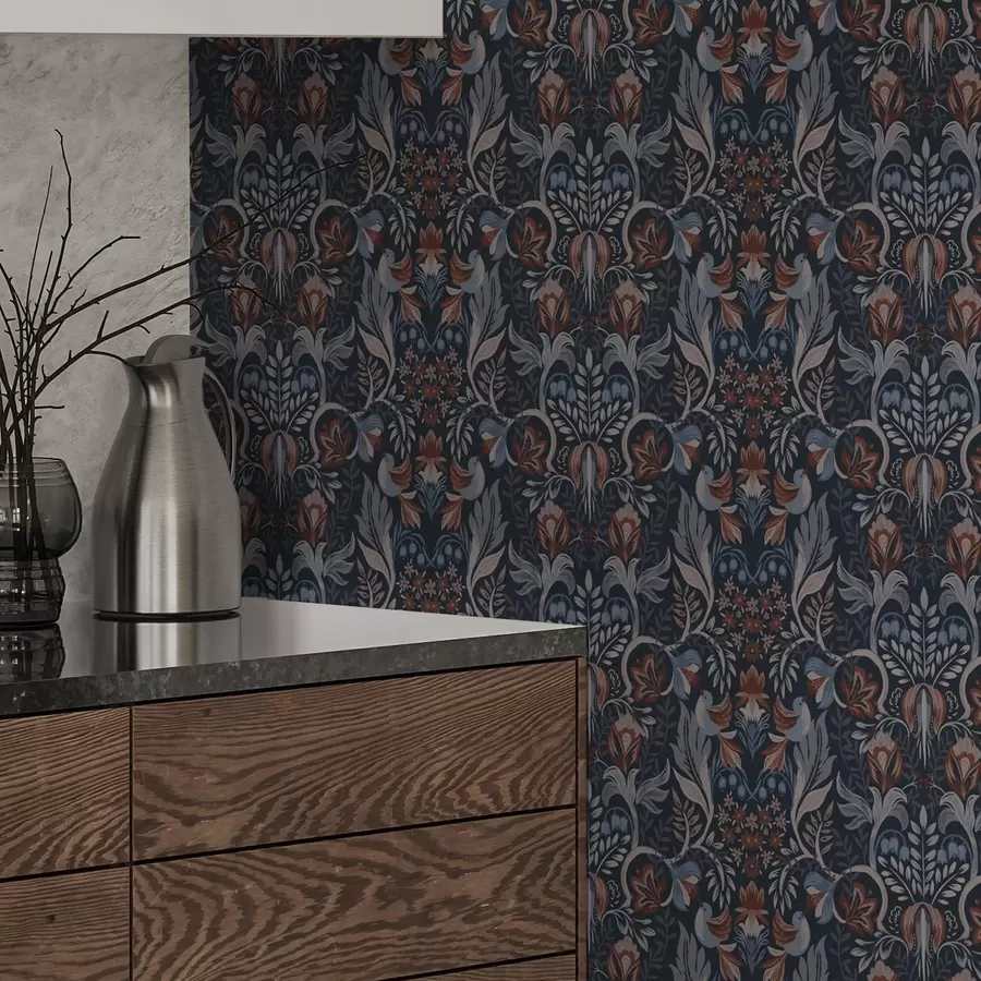 Fototapetes Tautas ornamentu ar putniem, tumši indigo a00502v1