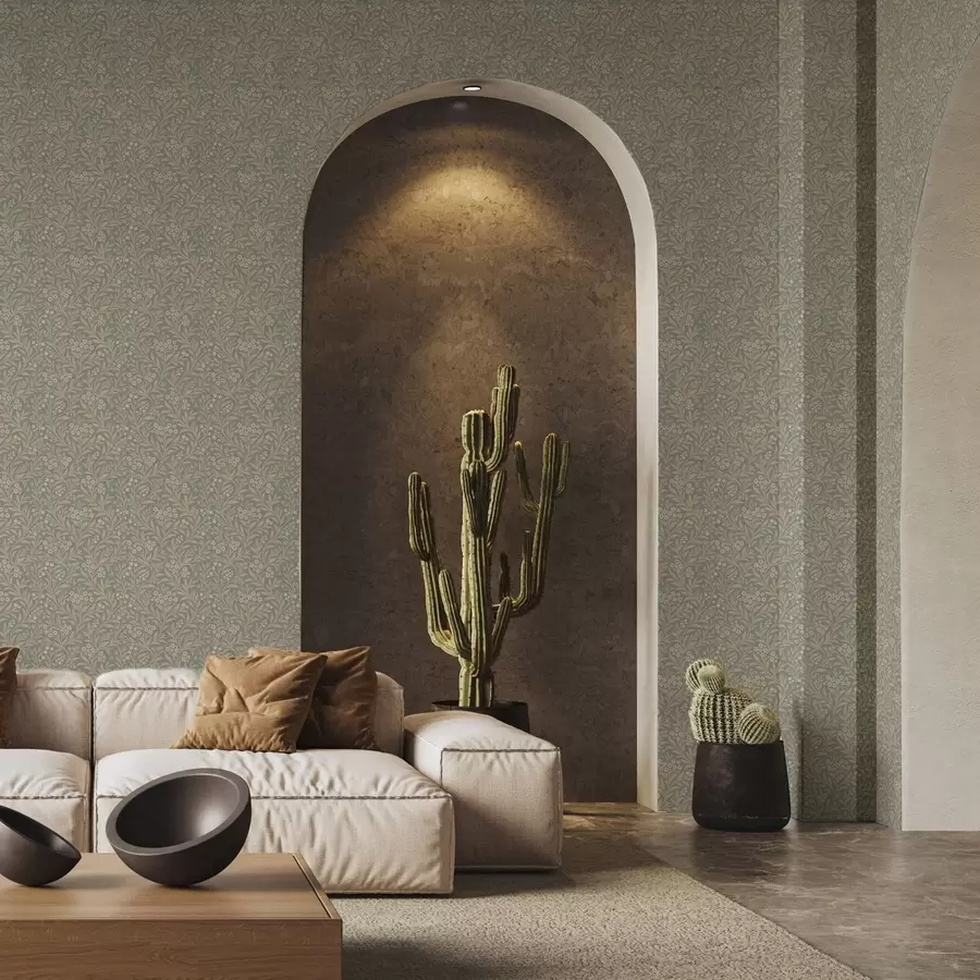 Fototapetes Morris stils: smilškrāsas zari uz pelēkzaļa fona a00569